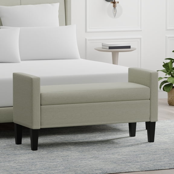 46" Upholstered Storage Bench with Track Arms and Wood Legs in Beige