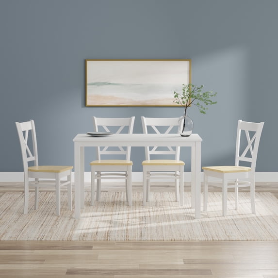 5-PC - 48" Wood Dining Table in White + White/Natural Cross Back Dining Chairs Dining Set