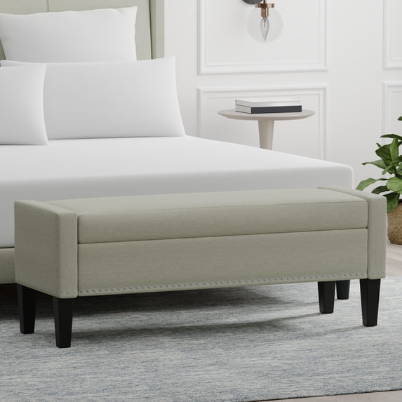 52" Upholstered Storage Bench With Truncated Arms and Nailhead Trim in Beige