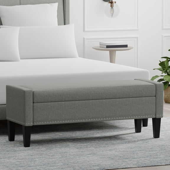 52" Upholstered Storage Bench With Truncated Arms and Nailhead Trim in Stone (Light Gray)