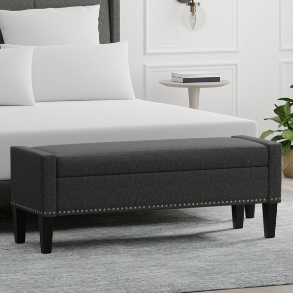 Glenwillow Home 52" Upholstered Storage Bench w/ Truncated Arms and Nailhead Trim - Dark Grey