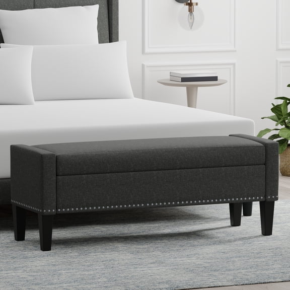 52" Upholstered Storage Bench With Truncated Arms and Nailhead Trim in Dark Gray