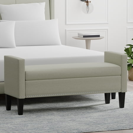 52" Upholstered Storage Bench with Nailhead Trim in Beige