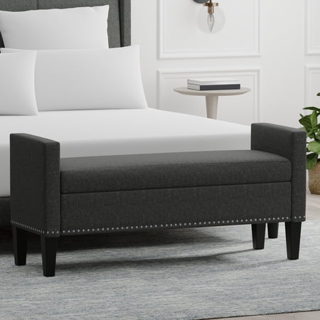 52" Upholstered Storage Bench with Nailhead Trim in Dark Gray