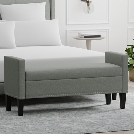 52" Upholstered Storage Bench with Nailhead Trim in Stone (Light Gray)