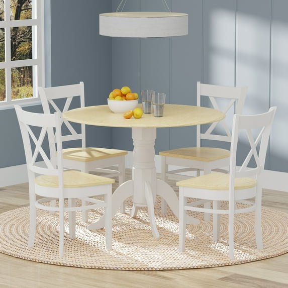 Glenwillow Home 5PC Dining Set - 42" Rnd Dbl Drop-Leaf Table + Cross Back Chairs -Wht/Nat