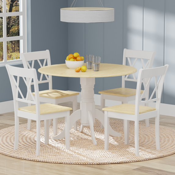 5-PC - 42" Round Double Drop-Leaf Dining Table + Double X-Back Dining Chairs Dining Set in White/Natural