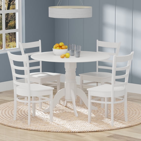 5-PC - 42" Round Double Drop-Leaf Dining Table + Slat Back Dining Chairs Dining Set in White