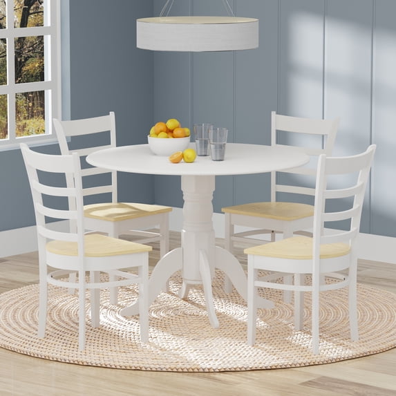 5-PC - 42" Round Double Drop-Leaf Dining Table in White + White/Natural Slat Back Dining Chairs Dining Set