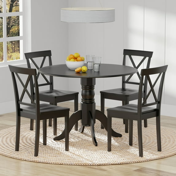 5-PC - 42" Round Double Drop-Leaf Dining Table + X-Back Dining Chairs Dining Set in Black