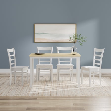 5-PC - 48" Wood Dining Table in White/Natural + White Slat Back Dining Chairs Dining Set