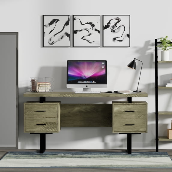 60'' Mariposa Home Office Computer Desk - Rustic Dark Taupe Top, Rustic Dark Taupe Body, Black Metal, Black Hardware