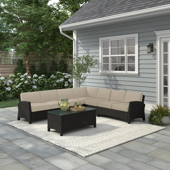 Alvory 6-PC Outdoor Patio PE Rattan Sectional in Red with Rectangular Coffee Table
