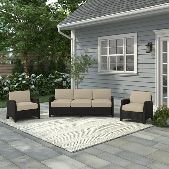 Alvory 3-PC Patio PE Rattan Sofa and Arm Chair Set in Tan