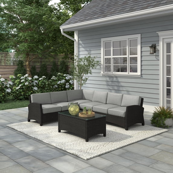 Alvory 5-PC Outdoor Patio PE Rattan Sectional in Tan with Rectangular Coffee Table