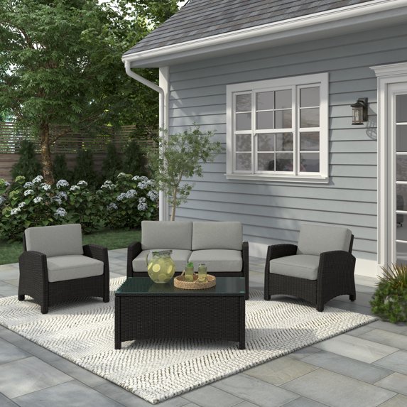 Alvory 4-PC Outdoor Patio PE Rattan Seating Set in Grey with Rectangular Coffee Table