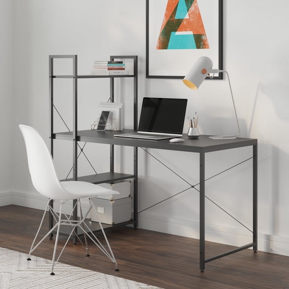 Ames 47" Reversible Gaming Computer Desk with Adjustable Shelves, Home Office Desk, Grommet Cable-Management, Leveler Feet, Easy Assembly, Black/Walnut