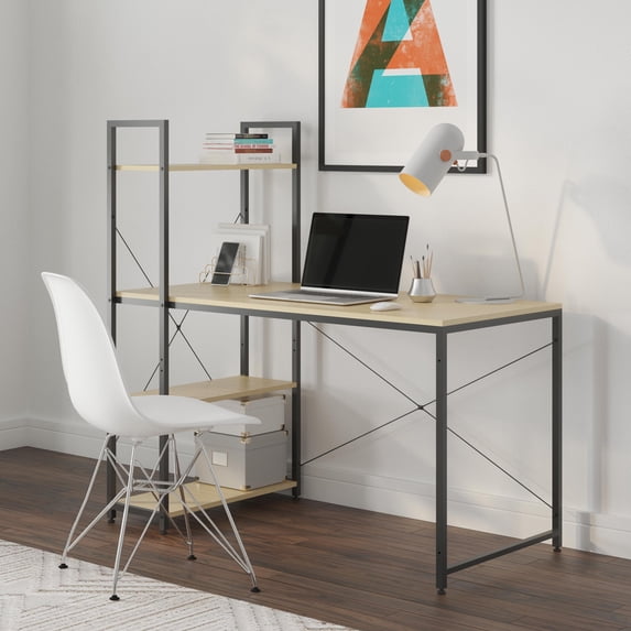 Ames 47" Reversible Gaming Computer Desk with Adjustable Shelves, Home Office Desk, Grommet Cable-Management, Leveler Feet, Easy Assembly, Black/Yellow Oak