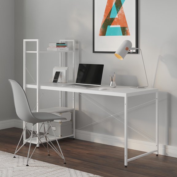 Ames 55" Reversible Gaming Computer Desk with Adjustable Shelves, Home Office Desk, Grommet Cable-Management, Leveler Feet, Easy Assembly, White/White
