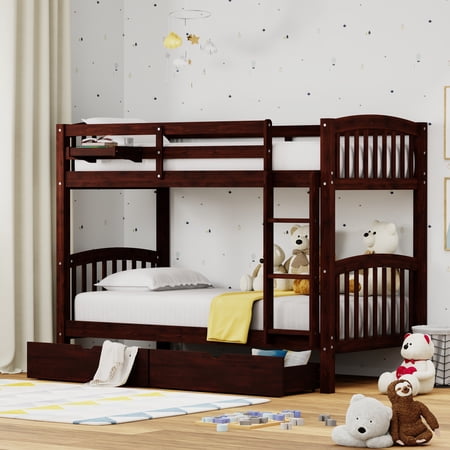 Arca Solid Wood Twin Over Twin Bunk Bed, Hanging Nightstand, and Underbed Storage Drawers in Espresso