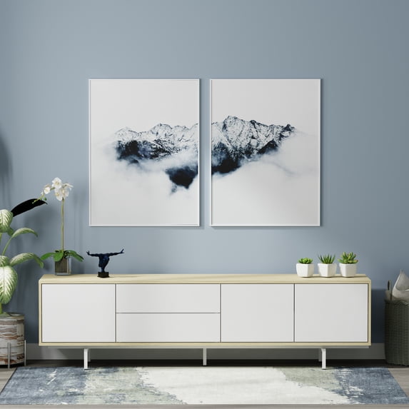 Atlas 78" x 20" Modern TV Stand Cabinet - White Oak Frame, White Door/Drawers, White Base