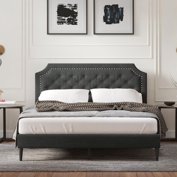 Curta Upholstered Platform Bed Frame / Clipped Nailhead Trim with Button Tufting / Mattress Foundation / No Box Spring Needed / Easy Assembly, Gray, Queen