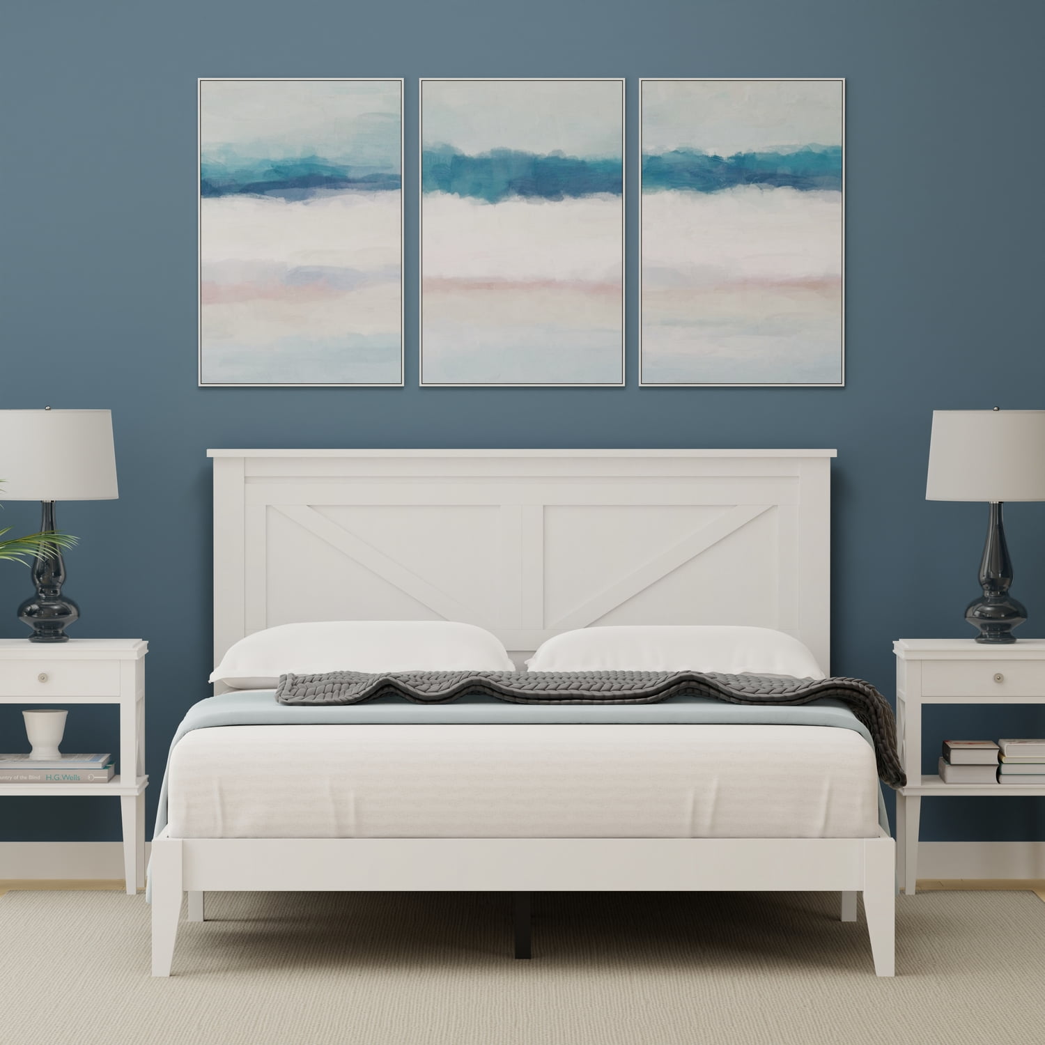 Gloss White Queen Size Solid Oak Wood Platform Bed with Headboard