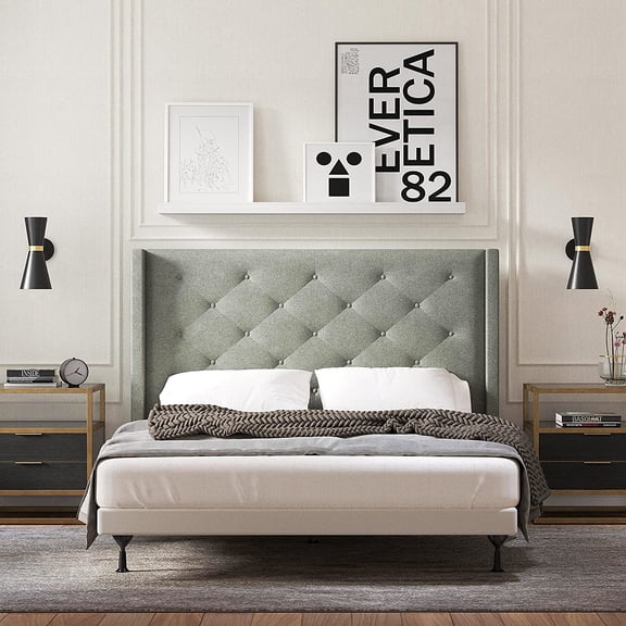Glenwillow Home Huppe Button Tufted  Wingback Upholstered Headboard, Stone, Full/Queen