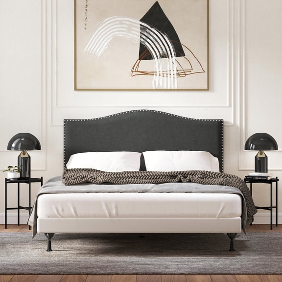 Kameli Nailhead-Trim Camelback Upholstered Headboard, Gray, Full/Queen