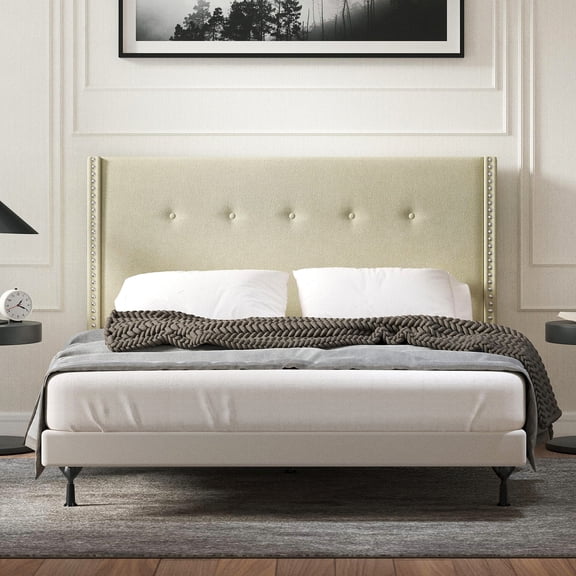 MCM Nailhead-Trim Button Tufted MCM Wingback Upholstered Headboard, Beige, Full/Queen