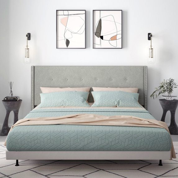 MCM Nailhead-Trim Button Tufted MCM Wingback Upholstered Headboard, Stone, King/California King