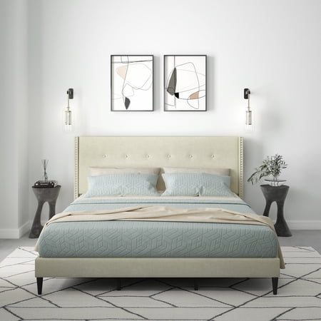 MCM Upholstered Platform Bed Frame / Nailhead Trim Button Tufted MCM Wingback / Mattress Foundation / No Box Spring Needed / Easy Assembly, Beige, King