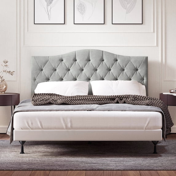 Oros Tufted Camelback Upholstered Headboard, Stone, Full/Queen