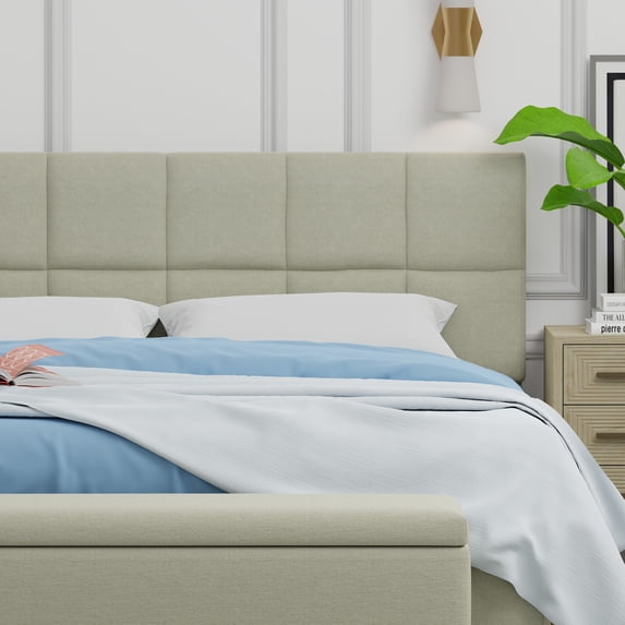 Paio 20" Tall Panel Upholstered Headboard, 2-Row Square Tufting, Queen Size, Beige