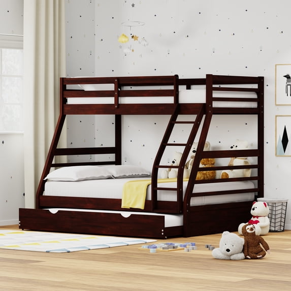 Plana Solid Wood Twin Over Full Bunk Bed and Trundle in Espresso