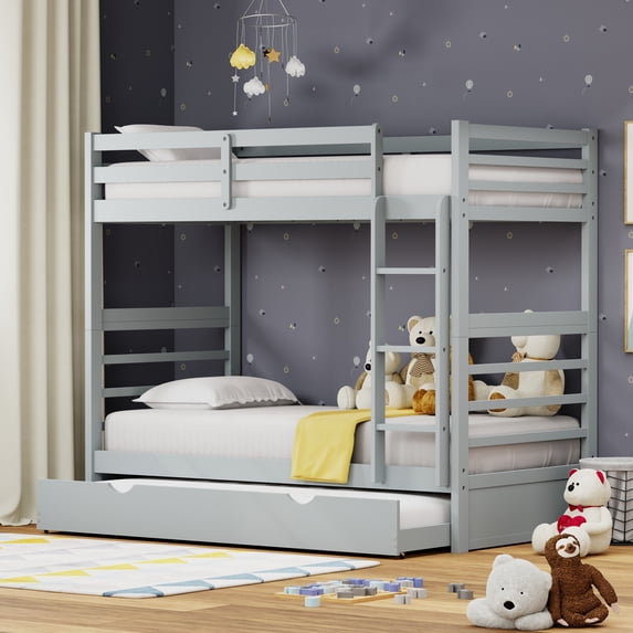 Plana Solid Wood Twin Over Twin Bunk Bed and Trundle in Light Gray