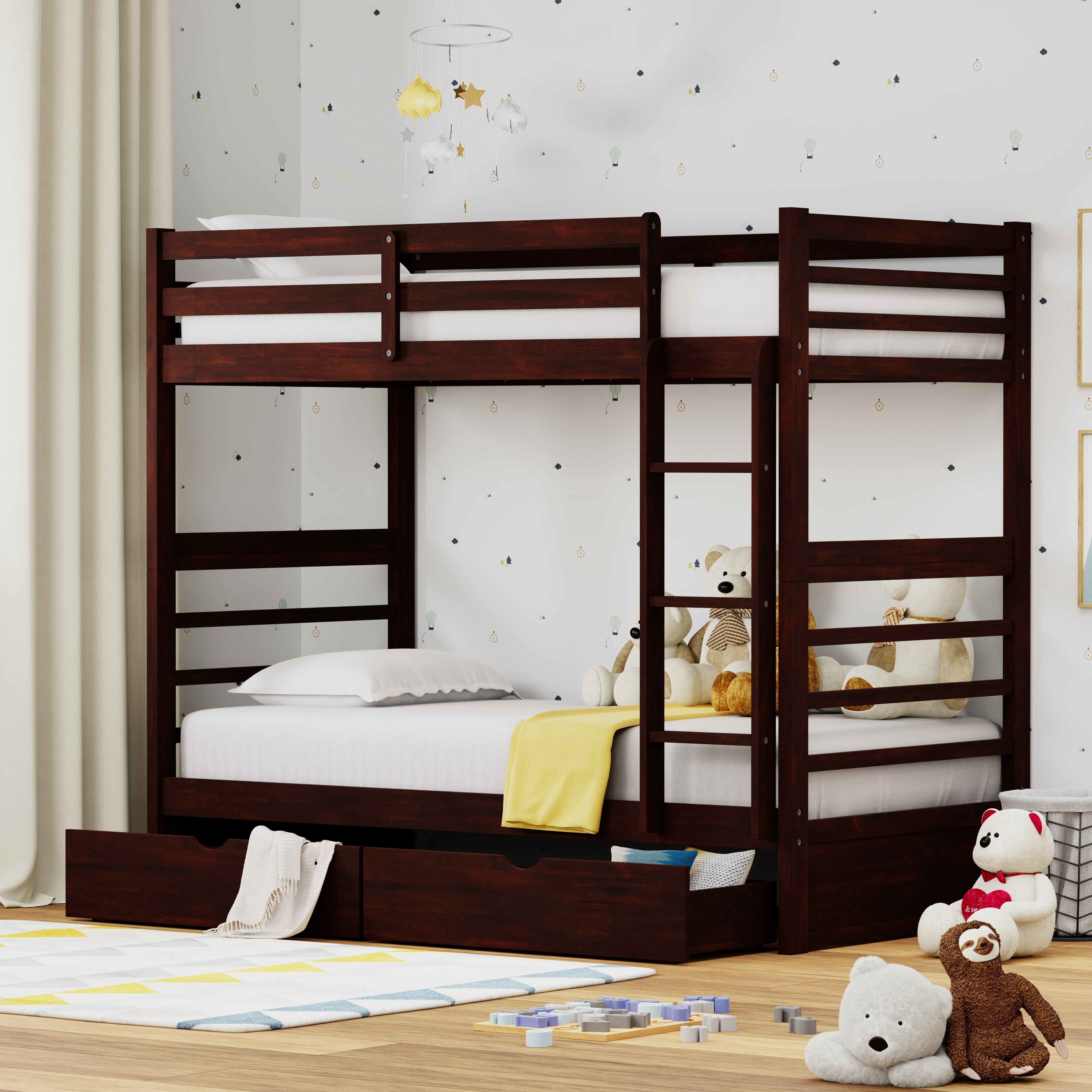 Plana Solid Wood Twin Over Twin Bunk Bed and Underbed Storage Drawers ...