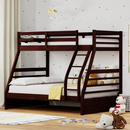 Plana Solid Wood Twin Over Full Bunk Bed and Hanging Nightstand in Espresso