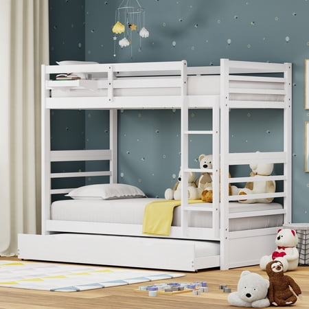 Plana Solid Wood Twin Over Twin Bunk Bed, Hanging Nightstand, and Trundle in White