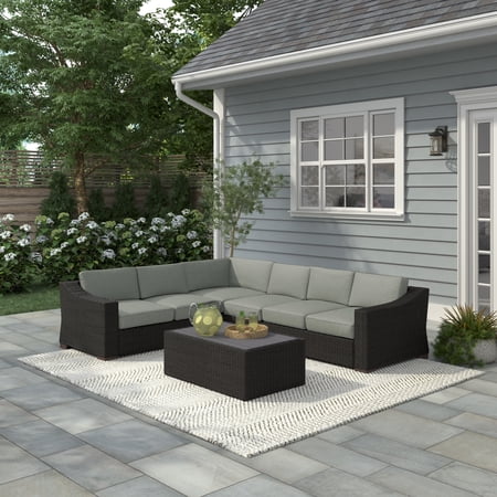 Portland 5-PC Patio PE Rattan Sectional in Grey with Rectangular Coffee Table