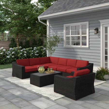 Portland 6-PC Patio PE Rattan Sectional and Arm Chair in Red with Rectangular Coffee Table