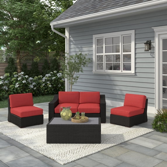 Portland 4-PC Patio PE Rattan Loveseat and Armless Chairs in Red