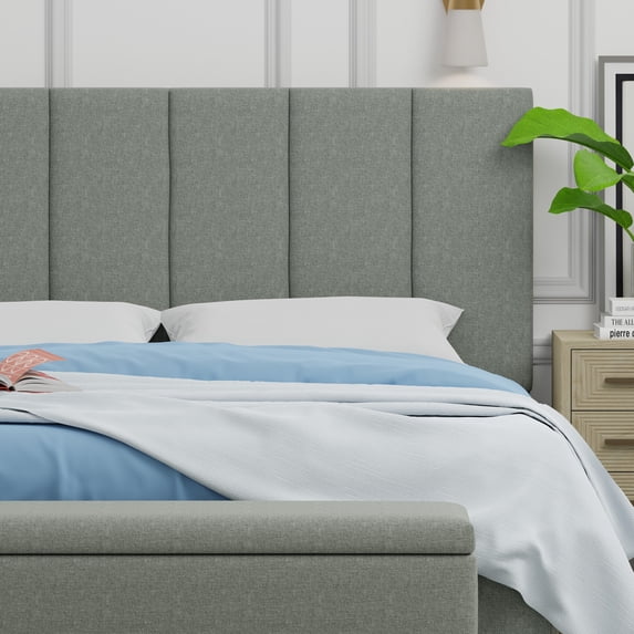 Sammas 26" Tall Panel Upholstered Headboard, Vertical Tufting, Queen Size, Light Gray