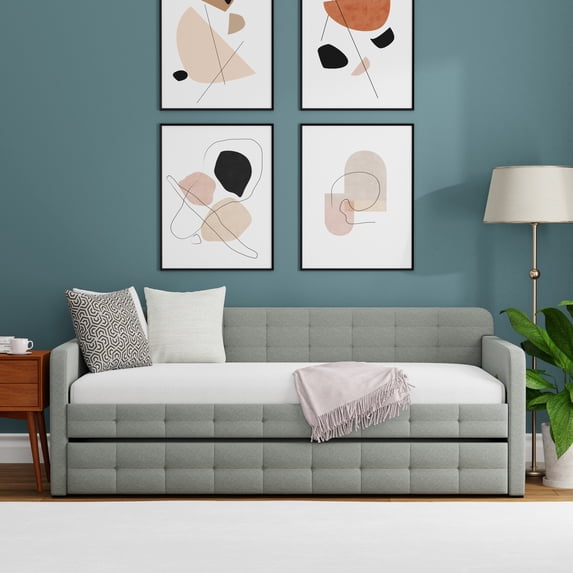 Tufted Twin Daybed with Roll-Out Trundle in Stone