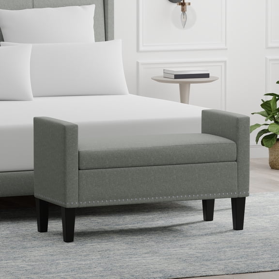 42" Upholstered Storage Bench with Track Arms, Wood Legs, and Nailhead Trim in Stone (Light Gray)