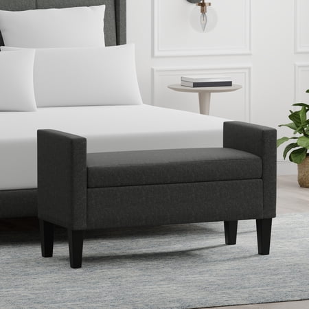 42" Upholstered Storage Bench with Track Arms and Wood Legs in Dark Gray