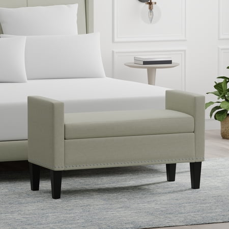 42" Upholstered Storage Bench with Track Arms, Wood Legs, and Nailhead Trim in Beige