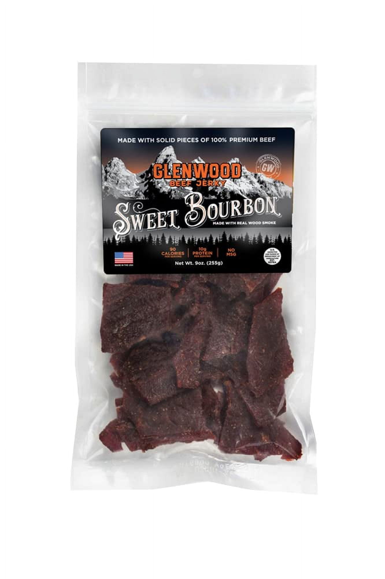 Glenwood Snacks Beef Jerky DMF15 Sweet Bourbon 9 Ounce Resealable Bag - Moist & Tender Beef Jerky, Gluten-Free Jerky, Made in the USA