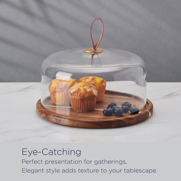 Glenwood Wood Cake Plate Stand with Glass Dome, 9.75 inch - Elegant Acacia Wood Base for Cakes and Pies