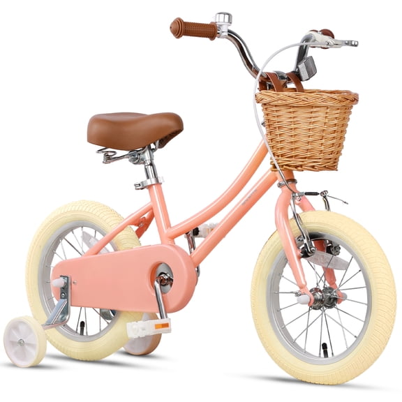 Glerc 12 Inch Kids Bike for Age 2 3 4 Years Old Little Girls Toddlers Retro Vintage Style Bicycles with Basket Training Wheels and Bell, Peach
